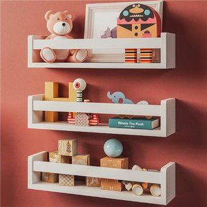 Set of 3 White Nursery Room Shelves - Solid Wood for Books (Classic White)